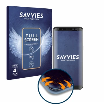 Vorderseite einer Produktverpackung mit dem Markenlogo Savvies. Daneben ist das Gerät Samsung Galaxy A8 2018 mit dem zugehörig