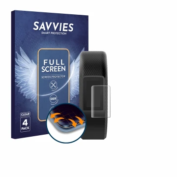 Vorderseite einer Produktverpackung mit dem Markenlogo Savvies. Daneben ist das Gerät Garmin Vivosport mit dem zugehörigen Dis