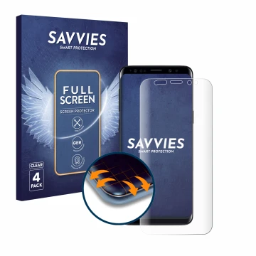 Vorderseite einer Produktverpackung mit dem Markenlogo Savvies. Daneben ist das Gerät Samsung Galaxy S9 mit dem zugehörigen Di