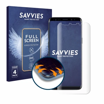 Vorderseite einer Produktverpackung mit dem Markenlogo Savvies. Daneben ist das Gerät Samsung Galaxy S9 Plus mit dem zugehörig