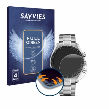 Vorderseite einer Produktverpackung mit dem Markenlogo Savvies. Daneben ist das Gerät Omega Speedmaster Moonwatch Professional