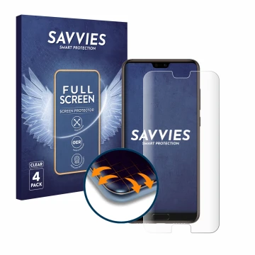 Vorderseite einer Produktverpackung mit dem Markenlogo Savvies. Daneben ist das Gerät Huawei P20 mit dem zugehörigen Displaysc