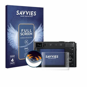 Vorderseite einer Produktverpackung mit dem Markenlogo Savvies. Daneben ist das Gerät Panasonic Lumix DC-TZ202 mit dem zugehör
