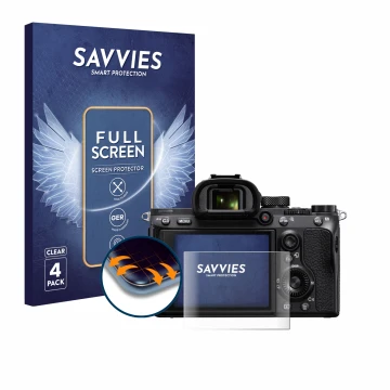 Vorderseite einer Produktverpackung mit dem Markenlogo Savvies. Daneben ist das Gerät Sony Alpha 7 III (ILCE-7M3) mit dem zuge