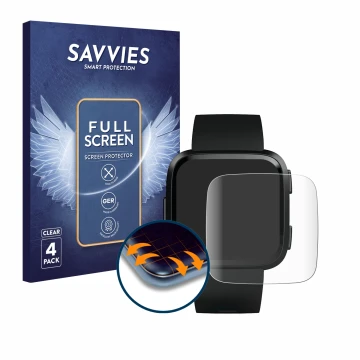 Vorderseite einer Produktverpackung mit dem Markenlogo Savvies. Daneben ist das Gerät Fitbit Versa mit dem zugehörigen Display