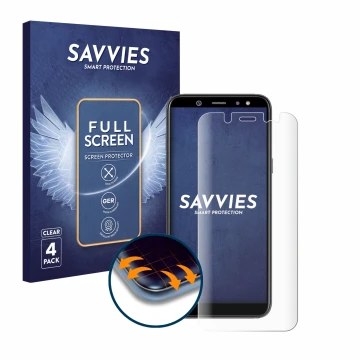 Vorderseite einer Produktverpackung mit dem Markenlogo Savvies. Daneben ist das Gerät Samsung Galaxy A6 2018 mit dem zugehörig