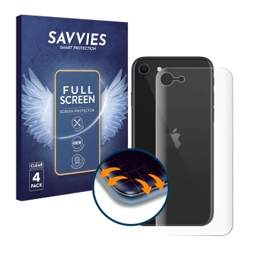 Vorderseite einer Produktverpackung mit dem Markenlogo Savvies. Daneben ist das Gerät Apple iPhone SE 2 2020 (Rückseite) mit d