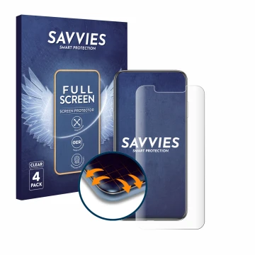 Vorderseite einer Produktverpackung mit dem Markenlogo Savvies. Daneben ist das Gerät Apple iPhone Xs Max mit dem zugehörigen 