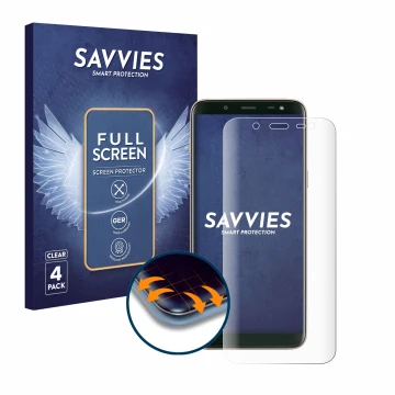 Vorderseite einer Produktverpackung mit dem Markenlogo Savvies. Daneben ist das Gerät Samsung Galaxy J6 2018 mit dem zugehörig