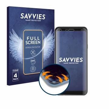 Vorderseite einer Produktverpackung mit dem Markenlogo Savvies. Daneben ist das Gerät LG Q7 mit dem zugehörigen Displayschutz 