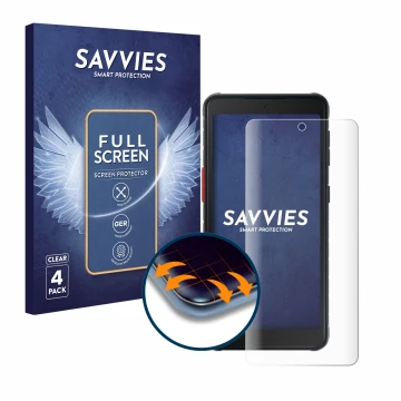 Vorderseite einer Produktverpackung mit dem Markenlogo Savvies. Daneben ist das Gerät Samsung Galaxy XCover 5 mit dem zugehöri