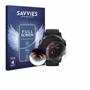 Vorderseite einer Produktverpackung mit dem Markenlogo Savvies. Daneben ist das Gerät Garmin Fenix 5X Plus (51 mm) mit dem zug