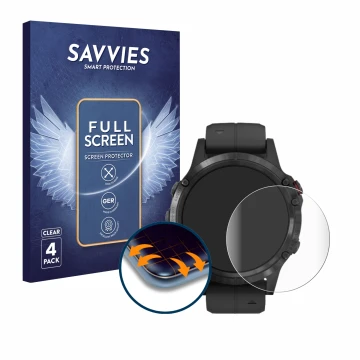 Vorderseite einer Produktverpackung mit dem Markenlogo Savvies. Daneben ist das Gerät Garmin Fenix 5 Plus (47 mm) mit dem zuge