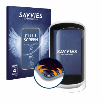 Vorderseite einer Produktverpackung mit dem Markenlogo Savvies. Daneben ist das Gerät Garmin Edge Explore 2018 mit dem zugehör