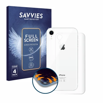 Vorderseite einer Produktverpackung mit dem Markenlogo Savvies. Daneben ist das Gerät Apple iPhone XR (Rückseite) mit dem zuge