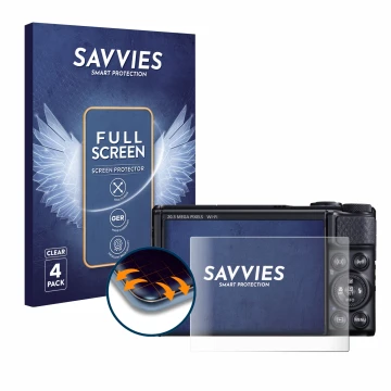 Vorderseite einer Produktverpackung mit dem Markenlogo Savvies. Daneben ist das Gerät Canon PowerShot SX740 HS mit dem zugehör