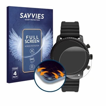 Vorderseite einer Produktverpackung mit dem Markenlogo Savvies. Daneben ist das Gerät Fossil Q Explorist HR (4.Gen) mit dem zu