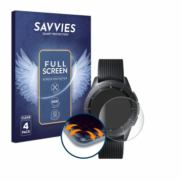 Vorderseite einer Produktverpackung mit dem Markenlogo Savvies. Daneben ist das Gerät Samsung Galaxy Watch (42 mm) mit dem zug