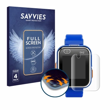 Vorderseite einer Produktverpackung mit dem Markenlogo Savvies. Daneben ist das Gerät Vtech Kidizoom Smart Watch DX2 mit dem z