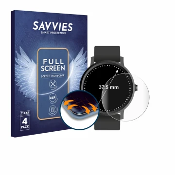 Vorderseite einer Produktverpackung mit dem Markenlogo Savvies. Daneben ist das Gerät Armbanduhren (Kreisrund, ø: 37.5 mm) mit