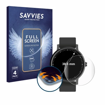 Vorderseite einer Produktverpackung mit dem Markenlogo Savvies. Daneben ist das Gerät Armbanduhren (Kreisrund, ø: 38.5 mm) mit