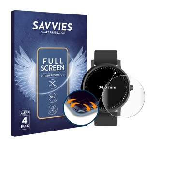 Vorderseite einer Produktverpackung mit dem Markenlogo Savvies. Daneben ist das Gerät Armbanduhren (Kreisrund, ø: 34.5 mm) mit
