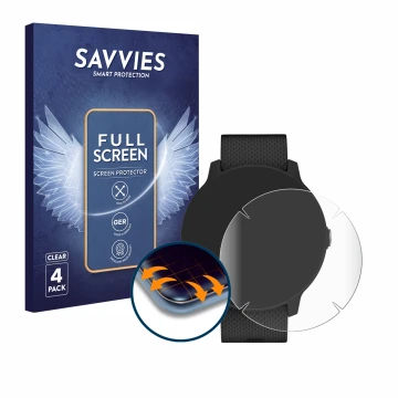 Vorderseite einer Produktverpackung mit dem Markenlogo Savvies. Daneben ist das Gerät Garmin vivoactive 3 Music mit dem zugehö