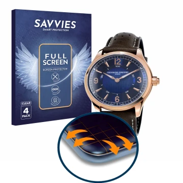 Vorderseite einer Produktverpackung mit dem Markenlogo Savvies. Daneben ist das Gerät Frédérique Constant Horological Smartwat