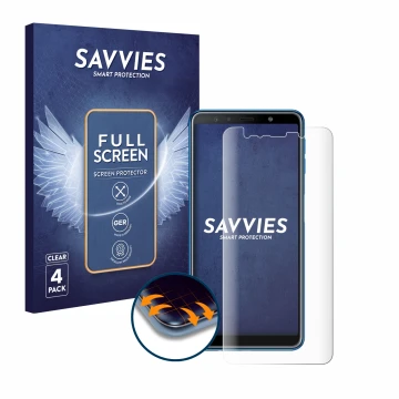 Vorderseite einer Produktverpackung mit dem Markenlogo Savvies. Daneben ist das Gerät Samsung Galaxy A7 2018 mit dem zugehörig