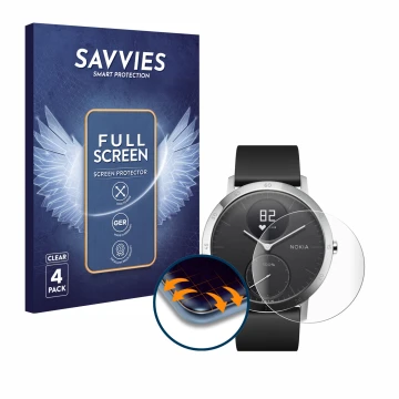 Vorderseite einer Produktverpackung mit dem Markenlogo Savvies. Daneben ist das Gerät Withings Steel HR (40 mm) mit dem zugehö