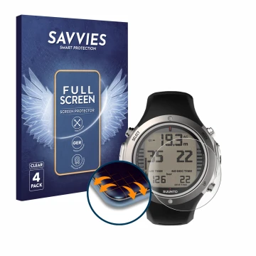 Vorderseite einer Produktverpackung mit dem Markenlogo Savvies. Daneben ist das Gerät Suunto D6I Novo mit dem zugehörigen Disp