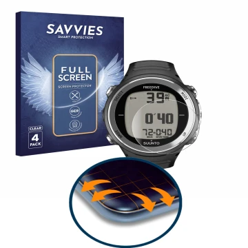 Vorderseite einer Produktverpackung mit dem Markenlogo Savvies. Daneben ist das Gerät Suunto D4F mit dem zugehörigen Displaysc
