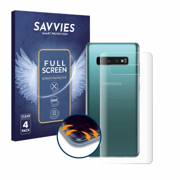 Vorderseite einer Produktverpackung mit dem Markenlogo Savvies. Daneben ist das Gerät Samsung Galaxy S10 Plus (Rückseite) mit 