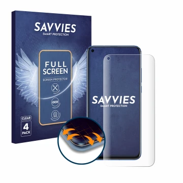 Vorderseite einer Produktverpackung mit dem Markenlogo Savvies. Daneben ist das Gerät Honor View 20 mit dem zugehörigen Displa