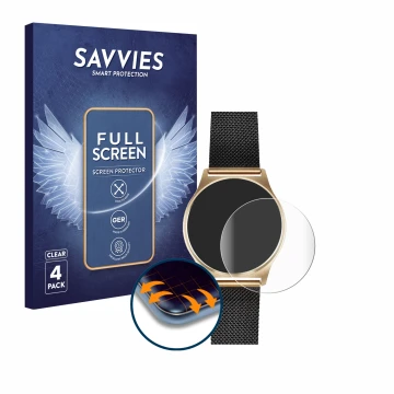Vorderseite einer Produktverpackung mit dem Markenlogo Savvies. Daneben ist das Gerät Xlyne X-Watch Joli XW Pro mit dem zugehö
