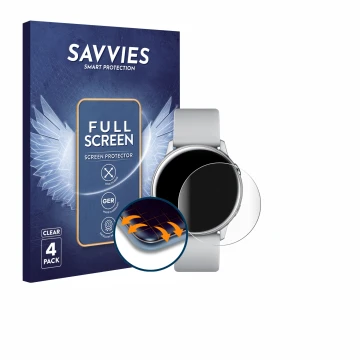 Vorderseite einer Produktverpackung mit dem Markenlogo Savvies. Daneben ist das Gerät Samsung Galaxy Watch Active mit dem zuge
