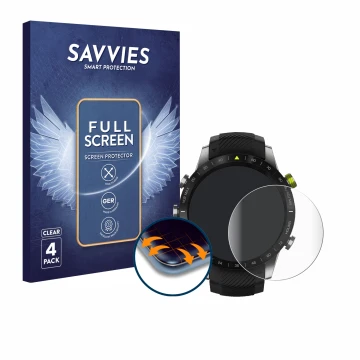 Vorderseite einer Produktverpackung mit dem Markenlogo Savvies. Daneben ist das Gerät Garmin Marq Athlete mit dem zugehörigen 