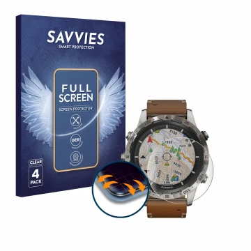 Vorderseite einer Produktverpackung mit dem Markenlogo Savvies. Daneben ist das Gerät Garmin Marq Adventurer mit dem zugehörig