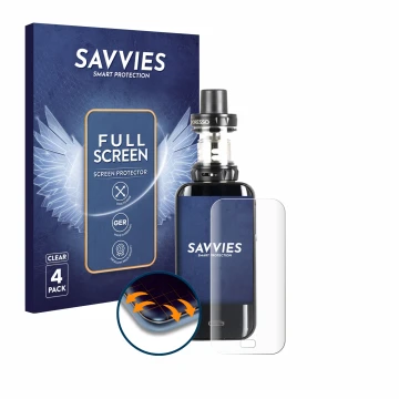 Vorderseite einer Produktverpackung mit dem Markenlogo Savvies. Daneben ist das Gerät Vaporesso Luxe mit dem zugehörigen Displ