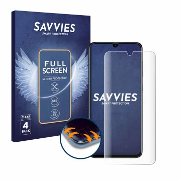 Vorderseite einer Produktverpackung mit dem Markenlogo Savvies. Daneben ist das Gerät Samsung Galaxy A70 mit dem zugehörigen D