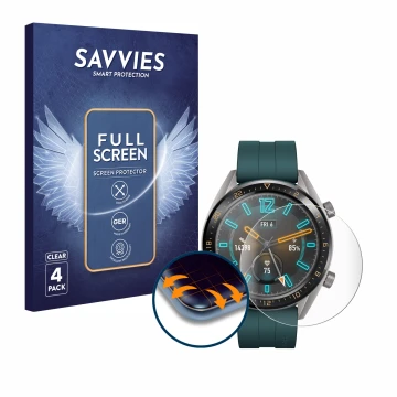 Vorderseite einer Produktverpackung mit dem Markenlogo Savvies. Daneben ist das Gerät Huawei Watch GT Active mit dem zugehörig
