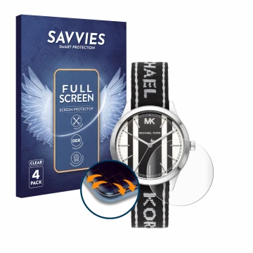 Vorderseite einer Produktverpackung mit dem Markenlogo Savvies. Daneben ist das Gerät Michael Kors Runway MK2795 (38 mm) mit d