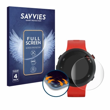 Vorderseite einer Produktverpackung mit dem Markenlogo Savvies. Daneben ist das Gerät Garmin Forerunner 45 mit dem zugehörigen