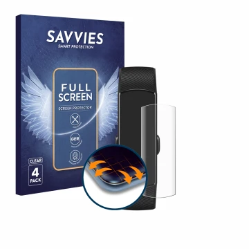 Vorderseite einer Produktverpackung mit dem Markenlogo Savvies. Daneben ist das Gerät Honor Band 5 mit dem zugehörigen Display