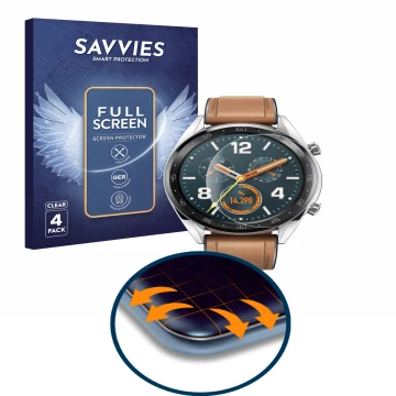 Vorderseite einer Produktverpackung mit dem Markenlogo Savvies. Daneben ist das Gerät Huawei Watch GT Classic mit dem zugehöri