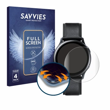 Vorderseite einer Produktverpackung mit dem Markenlogo Savvies. Daneben ist das Gerät Samsung Galaxy Watch Active 2 (44mm) mit