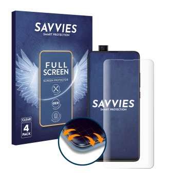 Vorderseite einer Produktverpackung mit dem Markenlogo Savvies. Daneben ist das Gerät Xiaomi Mi 9T Pro mit dem zugehörigen Dis