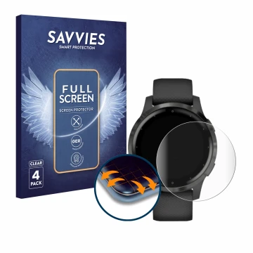 Vorderseite einer Produktverpackung mit dem Markenlogo Savvies. Daneben ist das Gerät Garmin vivoactive 4 (45 mm) mit dem zuge