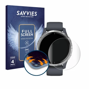 Vorderseite einer Produktverpackung mit dem Markenlogo Savvies. Daneben ist das Gerät Garmin Venu (43 mm) mit dem zugehörigen 