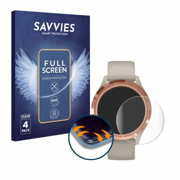 Vorderseite einer Produktverpackung mit dem Markenlogo Savvies. Daneben ist das Gerät Garmin vivomove 3S (39 mm) mit dem zugeh